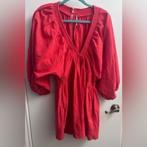 Free People red babydoll mini dress 100% cotton. V neck, pockets, Large